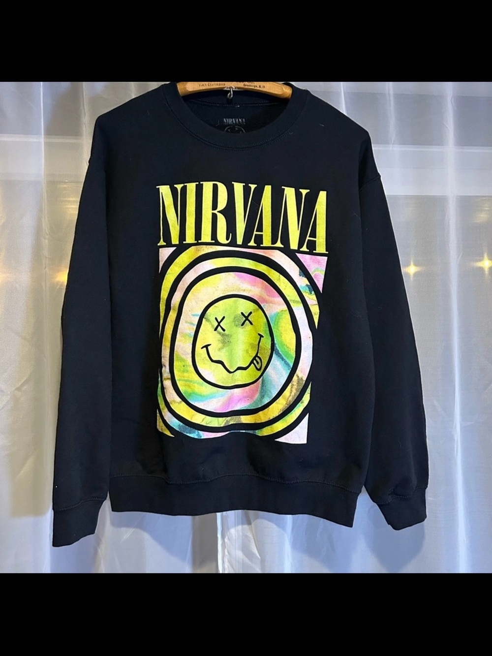 NIRVANA Black Crewneck with Neon Tie-Dye Smiley Logo